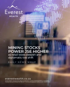 Mining Stocks Power JSE Higher as Retail Woes Deepen and Diplomatic Ties Shift (Digital map of the world over an office space)