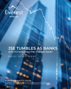 JSE Tumbles as Banks and Miners Drag Market Lower (Tall buildings with financial statistics reflected off the windows)