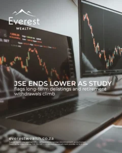 JSE Ends Lower as Study Flags Long-Term Delistings (Financial statistics on computer screens)