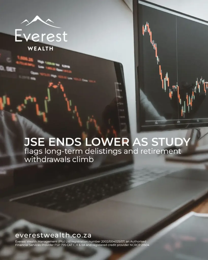JSE Ends Lower as Study Flags Long-Term Delistings (Financial statistics on computer screens)