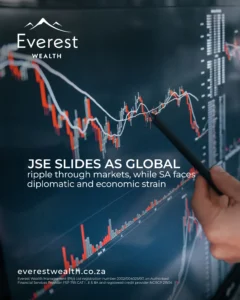 JSE Slides as Global Tensions Ripple (financial statistics on a screen)