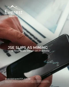 JSE Slips as Mining and Financials Weigh (stock information displayed on a phone screen)