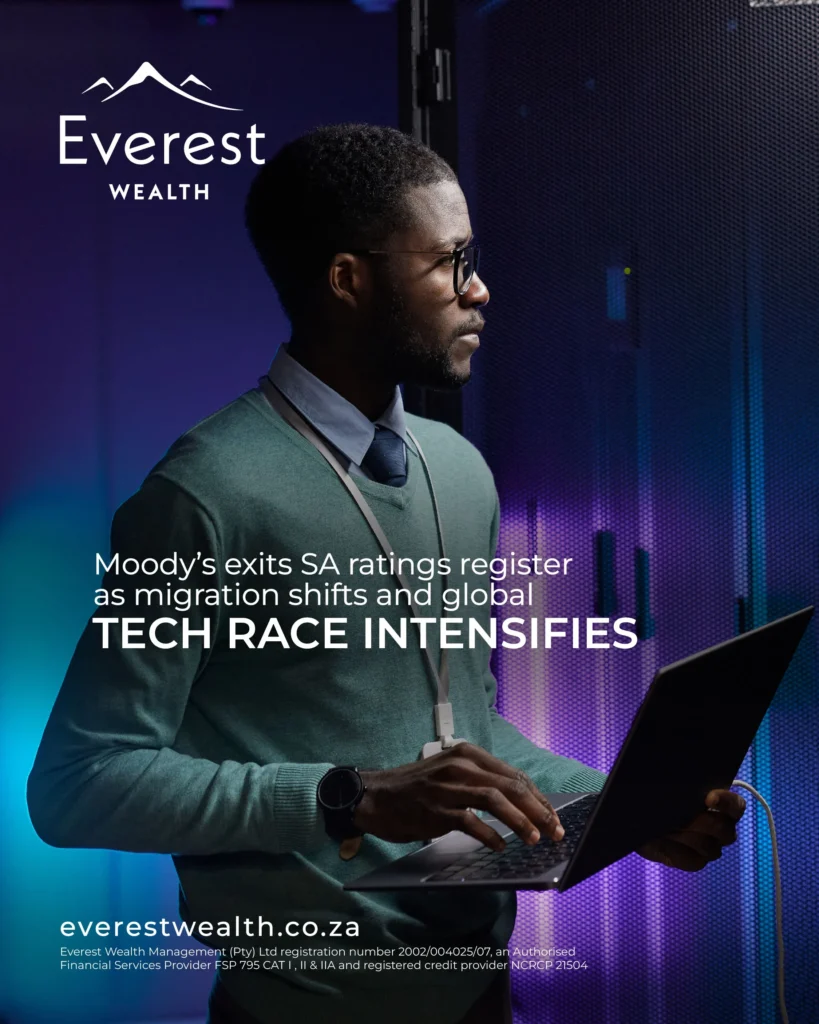 Moody’s Exits SA Ratings Register (man holding a laptop and looking at a large server cabinet)