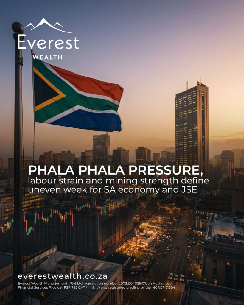 Phala Phala Pressure & Labour Strain (South African Flag along with a financial graph with a cityscape in the background)