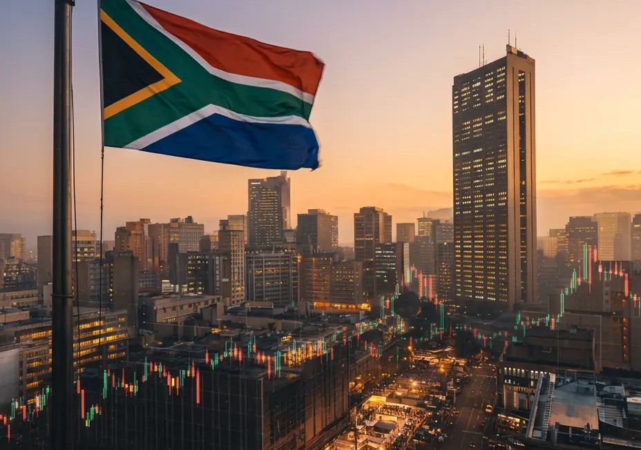 Phala Phala Pressure & Labour Strain (South African Flag along with a financial graph with a cityscape in the background)